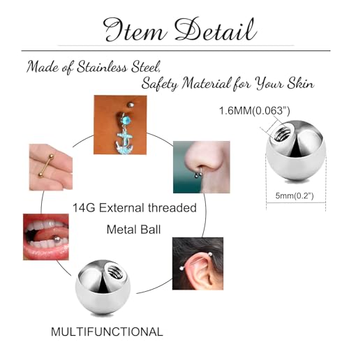 Besyvvin 30er Piercing Kugel Ersatzkugel 5mm Chirurgenstahl Silber Schraubkugel für Gewinde 1,6mm Piercing Bauchnabel Zunge
