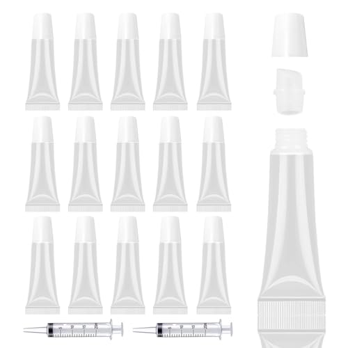 AMORIX 50PCS 10ml Lip Gloss Tubes Clear Empty Lip Balm Containers with White Cap Refillable Soft Cosmetic Squeeze Tubes for Lip Gloss Base Glitter Pigment Powder 2 Syringes + Tag Labels Stickers