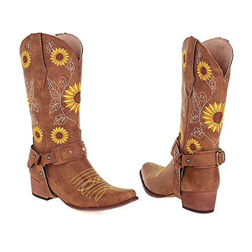 Pbnbp Mid Calf Cowboy Boots For Women Low Block Heels Snip Toe Sunflowers Embroidered Suede Western Boots Slip On Closed Toe High Top Fashion Shoes Zapatos Para Mujer Brown thumb #5