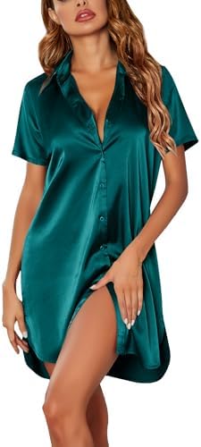 Ekouaer Satin Nightshirt for Women Button Down Nightgown Silk Short Sleeve Sleepshirt Notch Collar Sleepwear S-3XL