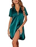 Ekouaer Sleep Shirts for Women Satin Nightgown Button Down Nightwear Plus Size Night Shirts Short Sleepwear Blue Green L