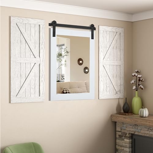 Image of COGOOD Farmhouse Barn Door Mirror - 25 x 38 Rustic Bathroom Mirror for Living Room, Entryway, Vanity Wall Decor (Pure White)