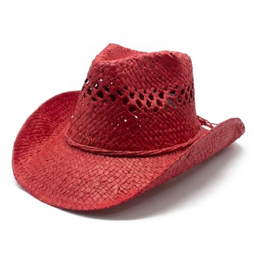 EOZY Men & Womens Summer Cowboy Cowgirl Straw Hat Hollow Out Woven Roll Up Wide Brim Hat (US Numeric 7 7 1/4 Red)