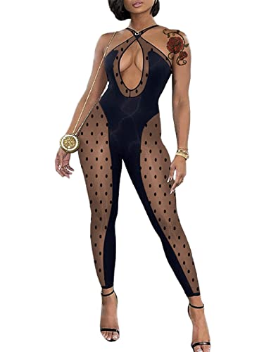 Hilinker Women's Sexy Cut Out Criss Cross Bodycon Jumpsuit See Through Mesh Patchwork Rompers B-Black Medium #TOP6