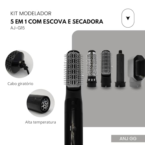 Kit Modelador 5 em 1 com Escova e Secadora 110v Temperatura Ajustável (Preto)