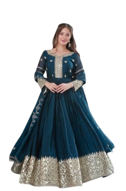 Fashion Women's Solid Embroidery Work Gown with Dupatta Long Sleeves and Round Neck Most Beautiful Havy Gown for Party | Wedding | Diwali |Any Occasion
