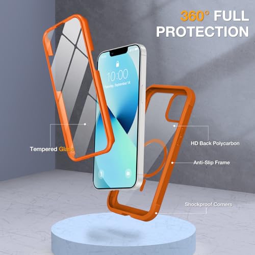 Image of Miracase for iPhone 13 mini Case 5.4 inch,Full-Body Protection,Clear Bumper Case with Built-in 9H Tempered Glass Screen Protector,Military-Grade Drop Protection Outdoor Phone Case for 13 mini,Orange