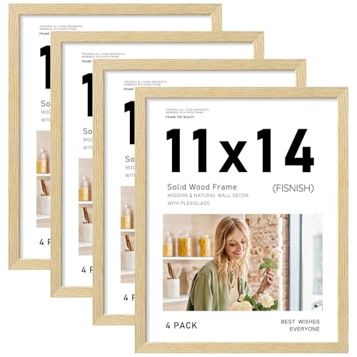 Image of 11x14 Picture Frame Set of 4, Natural Solid Wood Picture Frames, Display 11x14 Photos without Mat, Horizontal or Vertical Wall Mounting Poster Frame, Oak Wood Grain