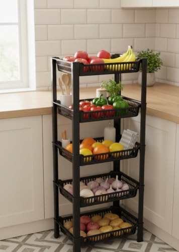 Image of U-Max Multi Tire Kitchen Storage Rack, Plastic Utility Shelf Organiser, Space Saving Storage Solution, Revolving Vegetable Rack (Black, 5)
