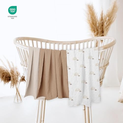 Image of lulumoon Baby Muslin Swaddle Blankets: Soft Receiving Blanket for Newborn - Cotton Swaddling Blanket for Neutral 3Pack(Rainbow Brown)