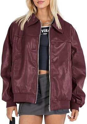 Tankaneo Womens Faux Leather Jacket - Oversized Bomber Zip Motor Biker Coat