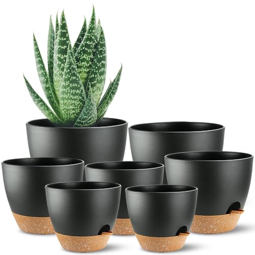 SUN-E Macetas autorriego de 7 Piezas 20.32+19.05+17.78+16.51+15.24+13.97+12.7CM, macetas de plástico Negro para Todas Las Plantas de Interior, suculentas, violetas africanas, Flores y Cactus