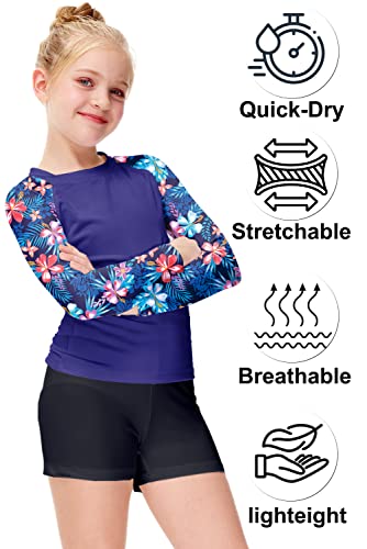 AOBUTE Camiseta feminina de manga longa Rash Guard Floral sereia Swim Top 3-14 anos, Floral azul-mar