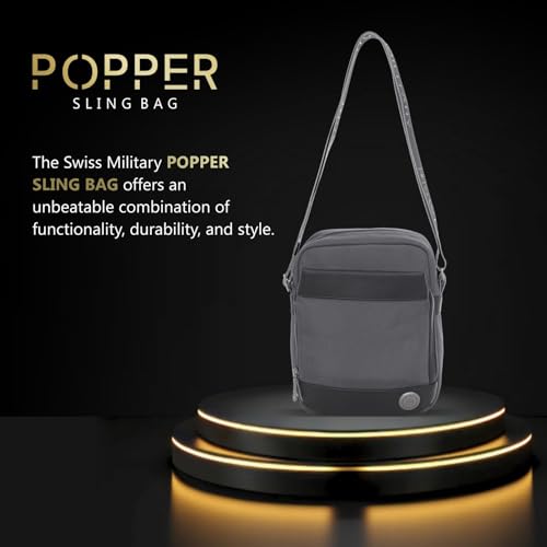 Image of SWISS MILITARY Black Gold Collection Popper Sling Bag, Stylish Crossbody Bag with Adjustable Strap, Organizer Compartments, PU Trim, Magnetic Quick-Access Pocket, Key Holder, 5L Unisex
