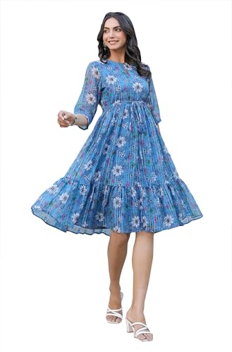 Image of Janasya Women's Poly Georgette Floral Flared Western Dress