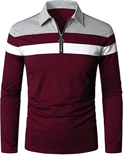 YTD Men's Long Sleeve Polo Shirts Quarter-Zip Casual Slim Fit Lapel Neck Basic Designed Cotton Shirts
