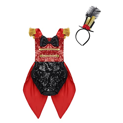 Runhomal Costume Cirque Bébé Fille Barboteuse Paillettes Déguisement Showman Ringmaster Romper avec Chapeau Plumes Cosplay Fête Halloween Carnaval Noël 6 Mois-5 Ans Rouge 12-18 Mois Cover