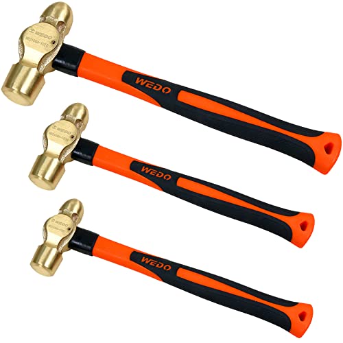 Image of WEDO 3PCS Brass Ball Peen Hammer Set,1 /2lb+1lb+2lb,Fiberglass Handle,Die-Forged,Corrosion Resistant,DIN Standard