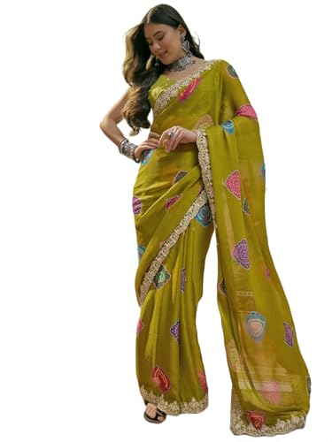 Image of SIRIL Women's Chiffon Scalloped Border Sequins Embroidery Saree with Unstitched Blouse Piece
