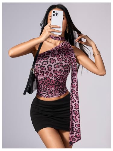 Image of RoseSeek Women's Y2K Leopard Polka Dots Halter Asymmetrical Neck Crop Tops