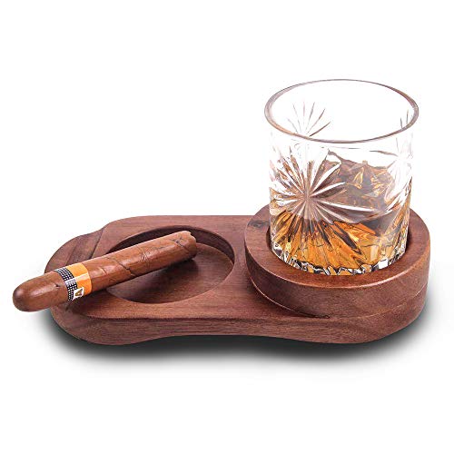 Whiskey Glass Tray and Cigar Holder, Rustic Wooden Cigar Tray, Slot to Hold
