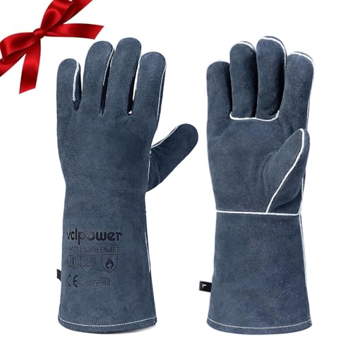 vclpower Welding Gloves Fire Heat Resistant Fireproof Leather for Welding Fire Pit Wood Stove Campfire Furnace BBQ Baking,Grill Oven Stick Mig Tig Gear L