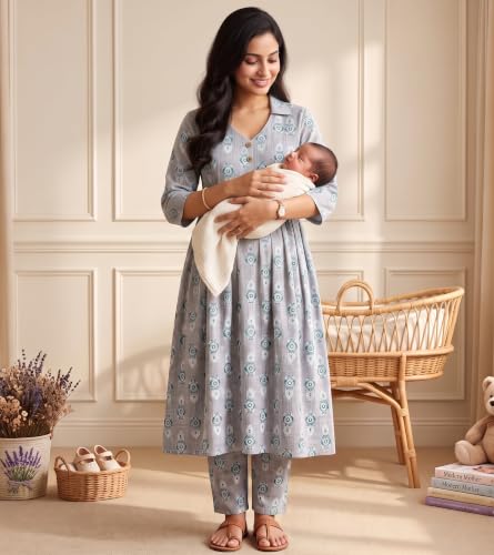 Image of DUMMY SHAPE Maternity Dresses for Women Cotton | Floral Kurta Pant Dupatta Set with Nursing Zippers, Side Pocket | Pre & Post Pregnancy | Feeding Kurti Suit | Baby Shower | Gifts for Pregnant Woman