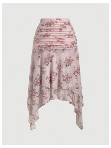 Milumia Women's Floral Asymmetrical Mesh Skirt Boho Ruched Ruffle Trim Midi Skirts2