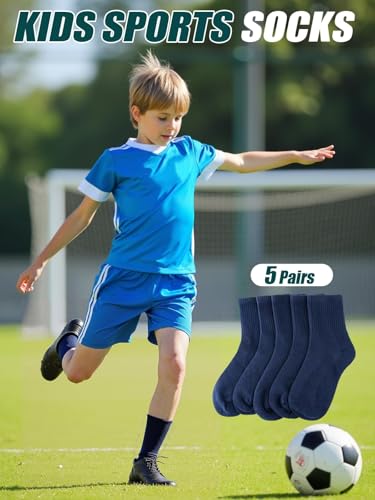 Image of Kids Socks, 5 Pairs Unisex Kids Youth Boys Girls Crew Combed Cotton Breathable Athletic Socks for Running Sport