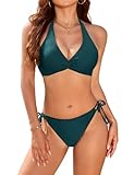 Vijamiy Bikini Mujer Conjunto de Bikini Halter Bikini Top Push Up Cuello en V 2 Piezas Bañadores Traje de Baño Estampado Floral con Ajustable Cordón(Azul Cian,XL)
