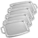 Tiangrid 4 Pcs Silver Serving Tray Elegant Floral Metal Plate Silver Platter for Buffet Wedding Party Jewelry Decorative (Oblong with Handle)