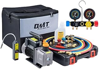 Orion Motor Tech AC Vacuum Pump and Gauge Set, 4 Way AC Gauges and 4 cfm HVAC Vacuum Pump with Leak Detector 5FT Hoses Couplers R410a Adapters, Puncturing & Self Sealing R134a Can Taps AC Recharge Kit