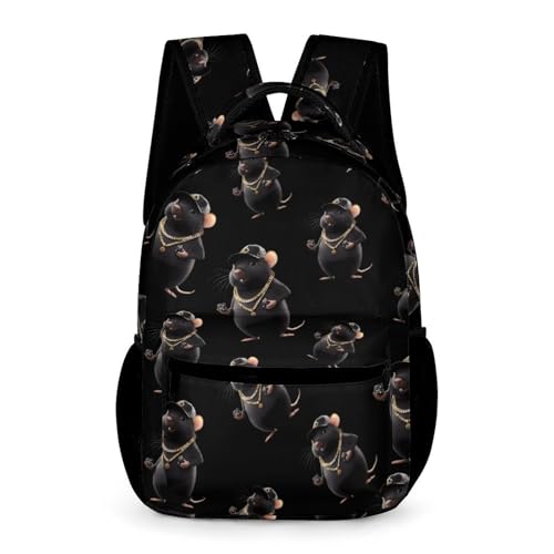 Black Rat with Hat Dice Travel Backpack Casual Daypack Shoulder Bag with Adjustable Shoulder Straps