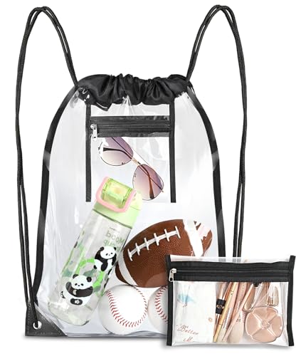 Clear Drawstring Bags, Transparent Storage Backpack for Stadium Approved,2 pieces, Concert Baseball Festival Beach Makeup Bag (1, Black)