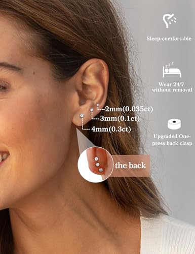 3 Pairs Moissanite Flatback Stud Earrings for Women, 925 Sterling Silver Hypoallergenic Flat Back Cartilage Earrings Set, 18K White Gold Plated3