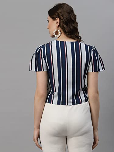 Image of Style Quotient Blue Striped Crepe Crop Top