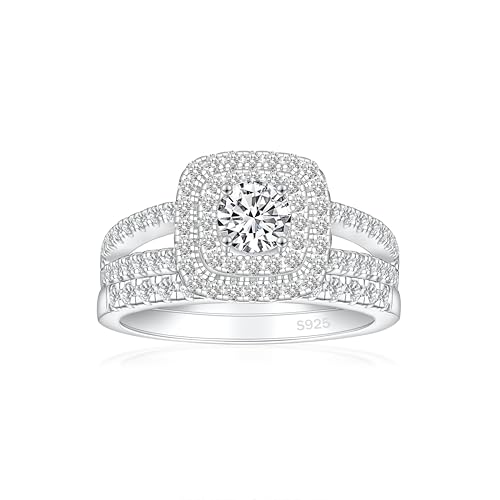 925 Sterling Silver Bridal Rings Sets for Women Halo Cubic Zirconia Engagement Ring Wedding Band Size 4-12.5