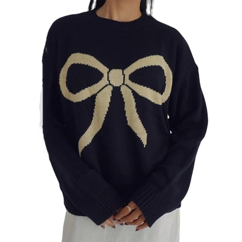Image of Women Cute Bow Knit Sweater Y2k Long Sleeve Crew Neck Knitted Pullover Top Oversized Going Out Fall Winter Knitwear