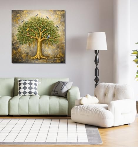 Image of Kunj Cart Kalpavriksha Tree Painting | 8+ DESIGNS | Kalpvriksh Tree Wall Painting | Lucky Tree Wall Art For Living Room, Bedroom and Office Decor | Canvas Painting for Wall Decoration (Design - E, 24x24 Inch, Framed)