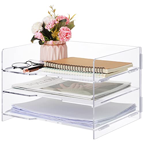 Zubebe 3 Tier Desk Organizer Paper File Organizer Detachable Clear Desk Letter Tray Acrylic Stackable Document Storage Paper Tray Desktop Holder for Home Office Classroom Workspace School