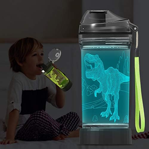YuanDian Light Up Kids Water Bottle with 3D Dinosaur Tyrannosaurus Tex Design- 14 OZ Tritan BPA Free Eco-Friendly - Cool Drinking Cups Gift for School Kids Boy Girl Child Christmas Holiday