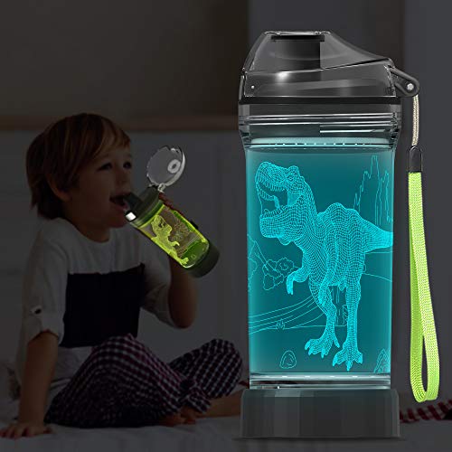 Yuandian Light Up Kids Water Bottle With 3D Dinosaur Tyrannosaurus Rex Design- 14 Oz Tritan Bpa Free Eco-Friendly - Cool Drinking Cups Gift For School Kids Boy Girl Child Christmas Holiday #TOP2