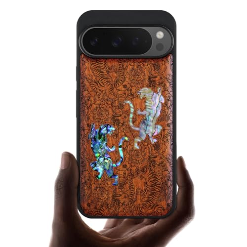 Carveit Madera Funda para Google Pixel 9 ProXL Compatible con MagSafe [Grabado en Madera e incrustación de mejillones] Magnética Cover para Pixel 9 ProXL Carcasa (Rosa-Tigre Entre Flores)
