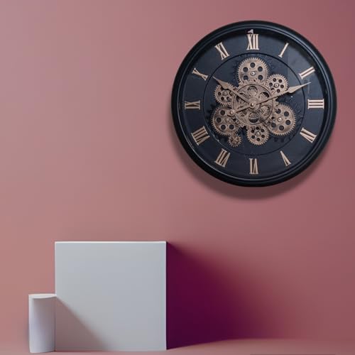 Image of MARSMADE Analog 38X 38 cm Black Moving Gear Wall Clock Wall Clock, Clocks with Roman Numerals for Living Room Office (Black with Glass, Standard)