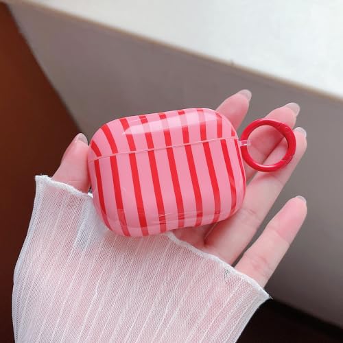 Image of MINSCOSE for AirPods Pro 2nd /1st Generation Clear Case,Cute Striped Aesthetic Pattern Design with Girly Keychain Ring,Soft TPU Protective Shockproof Cover with Cleaner Kit for Girls Women-Dark Pink