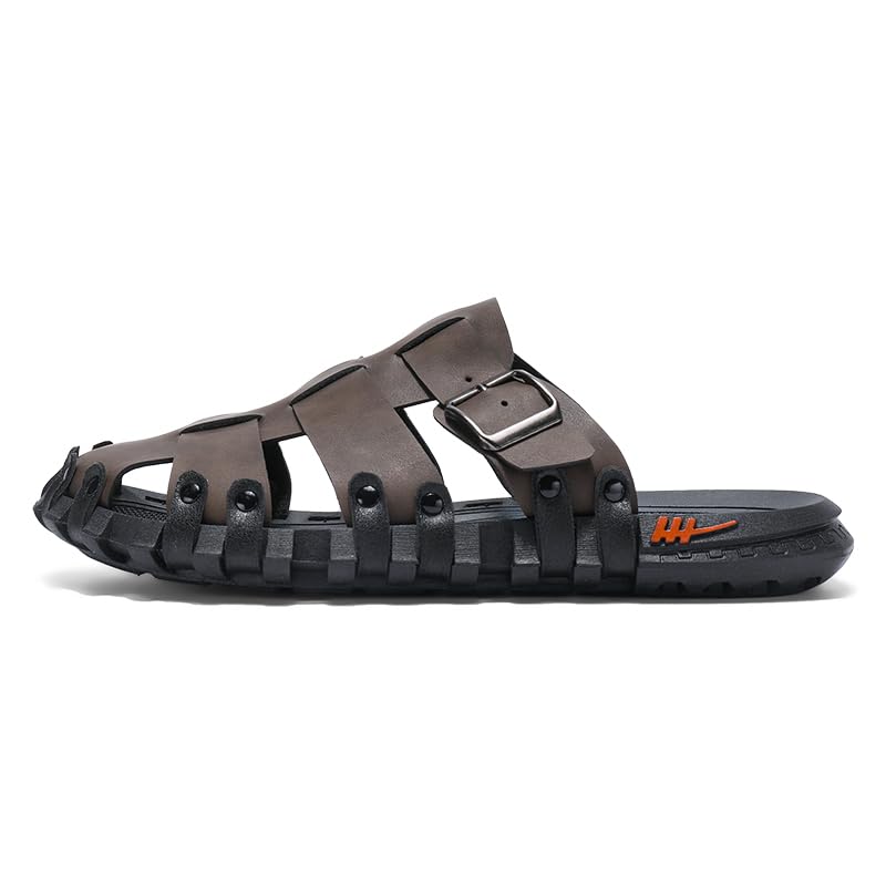 Image of Mens Leather Beach Slides Sandals For Men Closed Toe Hiking Outdoor Athletic Casual Walking Sandals Water Shoes Summer Fisherman