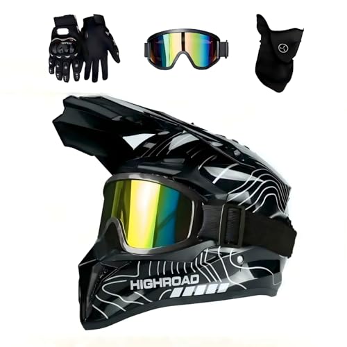 DriveNova Motocross MTB Helm Fullface, Erwachsener Cross Helm mit Brille Maske Handschuhe, Motorrad Downhill Full Face Helm Downhill Motorradhelm ATV Motorradhelm Inklusive 2 Größen Helmfutter