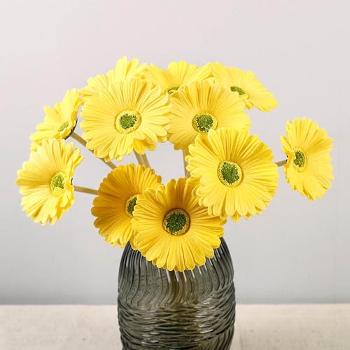 Image of CURATED CART Gerbera Daisy Flowers - Pack of 5 Yellow Faux Blooms, 30cm Tall | Real Touch PU Petals with Bendable Green Stems | Artificial Flower Bouquet for Home, Kitchen, Office (Yellow) (No Vase)
