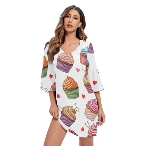 Robe d'été ligne A à col en V avec motifs Cartoon Cupcakes et manches 3/4
