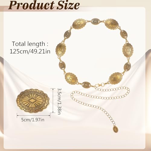 Cow Girl Belt Gold Western Belt Chain Belts Western Metal Concho Belts for Women Cowgirl Boho Waist Chain Country Concert Outfit for Dress Jeans Pants 49 inch2